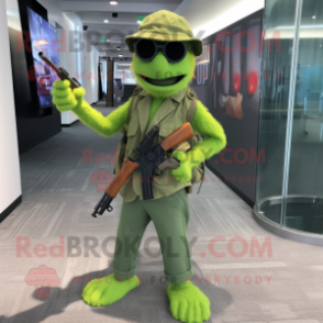 Lime Green Sniper mascot costume character dressed with a Flare Jeans and Briefcases