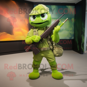 Lime Green Sniper mascot costume character dressed with a Flare Jeans and Briefcases