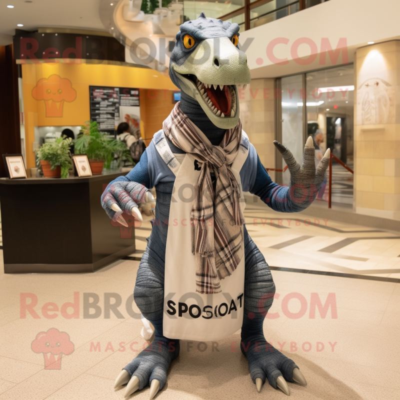 Gray Spinosaurus mascot costume character dressed with a Oxford Shirt and Scarves