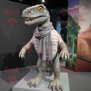 Gray Spinosaurus mascot costume character dressed with a Oxford Shirt and Scarves