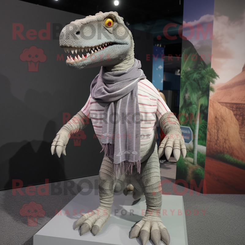 Gray Spinosaurus mascot costume character dressed with a Oxford Shirt and Scarves Gray Spinosaurus mascot costume character dressed with a Oxford Shirt and Scarves