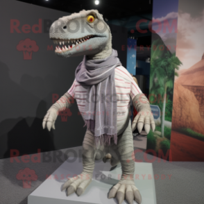 Gray Spinosaurus mascot costume character dressed with a Oxford Shirt and Scarves