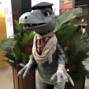 Gray Spinosaurus mascot costume character dressed with a Oxford Shirt and Scarves