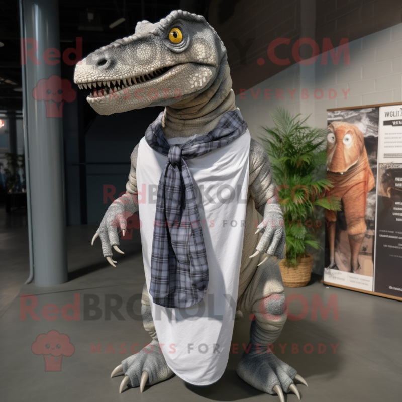 Gray Spinosaurus mascot costume character dressed with a Oxford Shirt and Scarves