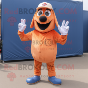 Orange Hot Dogs mascot costume character dressed with a Denim Shirt and Gloves