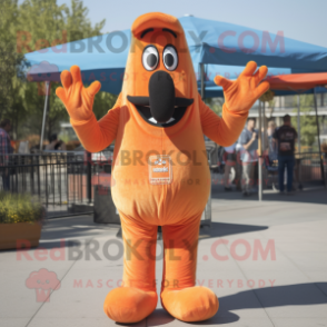 Orange Hot Dogs mascot costume character dressed with a Denim Shirt and Gloves