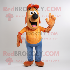 Orange Hot Dogs mascot costume character dressed with a Denim Shirt and Gloves