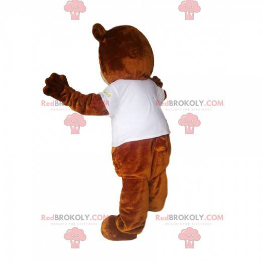 Brown bear mascot with a too short t-shirt and a bandage -