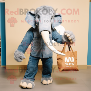 nan Mammoth mascot costume character dressed with a Chambray Shirt and Tote bags