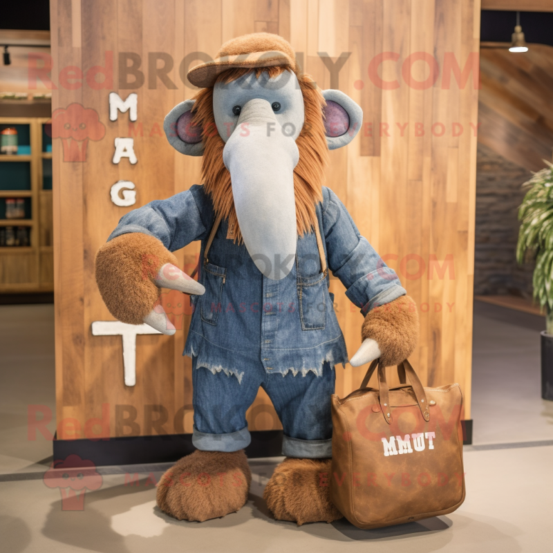 nan Mammoth mascot costume character dressed with a Chambray Shirt and Tote bags