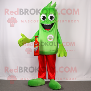 Lime Green Bottle Of Ketchup mascot costume character dressed with a Jeans and Shoe clips