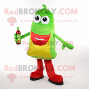 Lime Green Bottle Of Ketchup mascot costume character dressed with a Jeans and Shoe clips