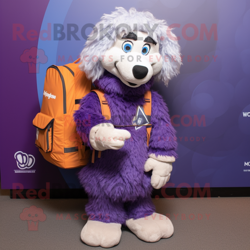 Purple Shepard'S Pie mascot costume character dressed with a Wrap Skirt and Backpacks