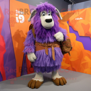 Purple Shepard'S Pie mascot costume character dressed with a Wrap Skirt and Backpacks