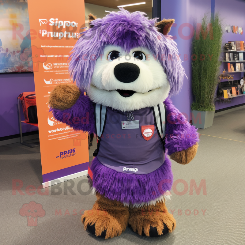 Purple Shepard'S Pie mascot costume character dressed with a Wrap Skirt and Backpacks