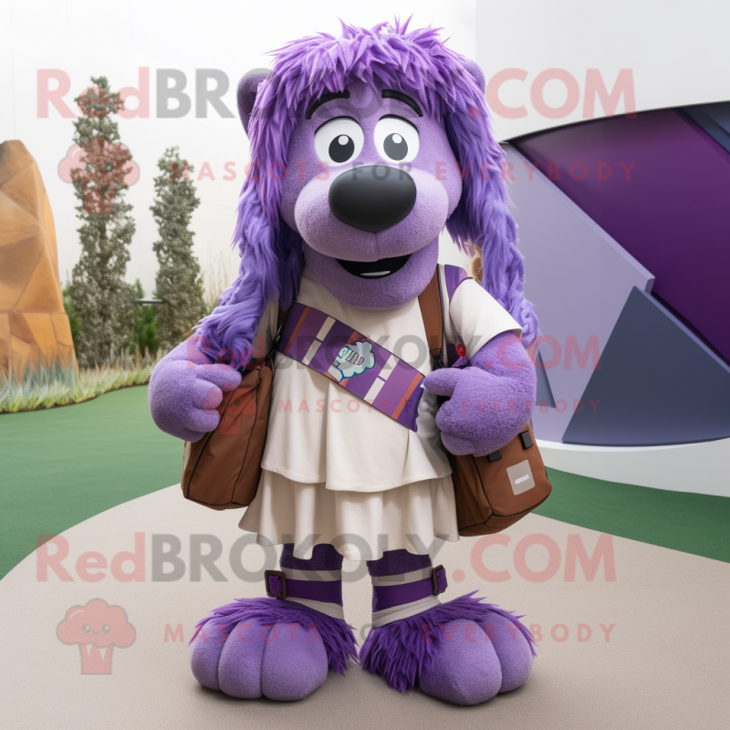 Purple Shepard'S Pie mascot costume character dressed with a Wrap Skirt and Backpacks
