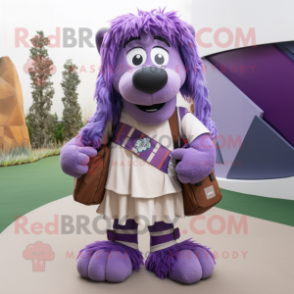 Purple Shepard'S Pie mascot costume character dressed with a Wrap Skirt and Backpacks