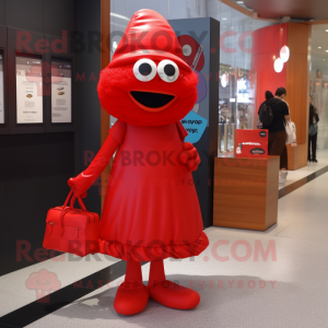 Red Spaghetti mascot costume character dressed with a Ball Gown and Messenger bags