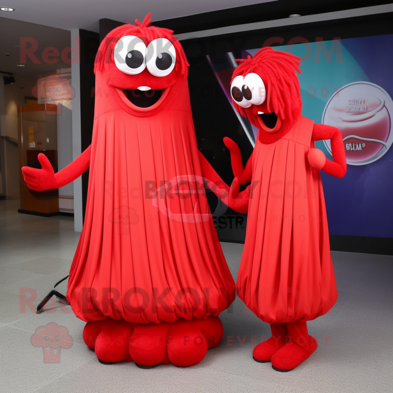 Red Spaghetti mascot costume character dressed with a Ball Gown and Messenger bags Red Spaghetti mascot costume character dressed with a Ball Gown and Messenger bags