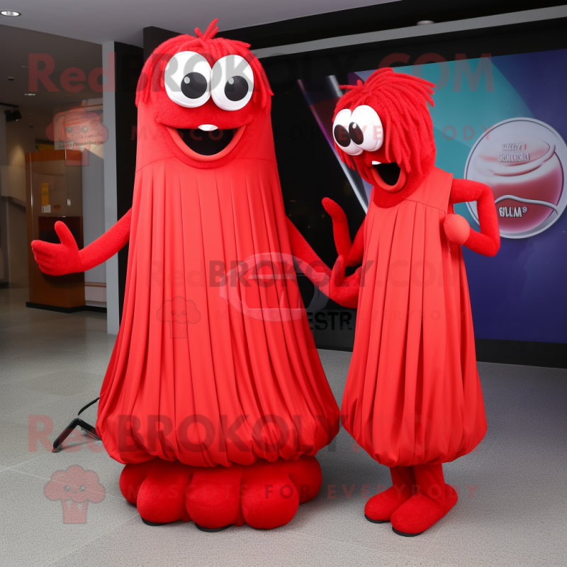 Red Spaghetti mascot costume character dressed with a Ball Gown and Messenger bags