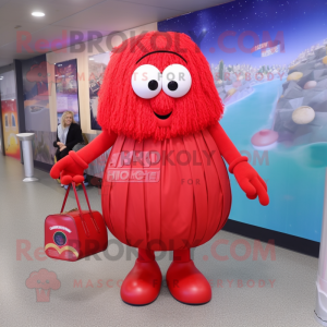 Red Spaghetti mascot costume character dressed with a Ball Gown and Messenger bags