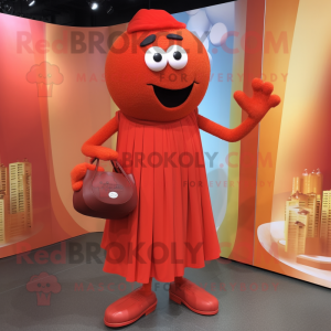 Red Spaghetti mascot costume character dressed with a Ball Gown and Messenger bags