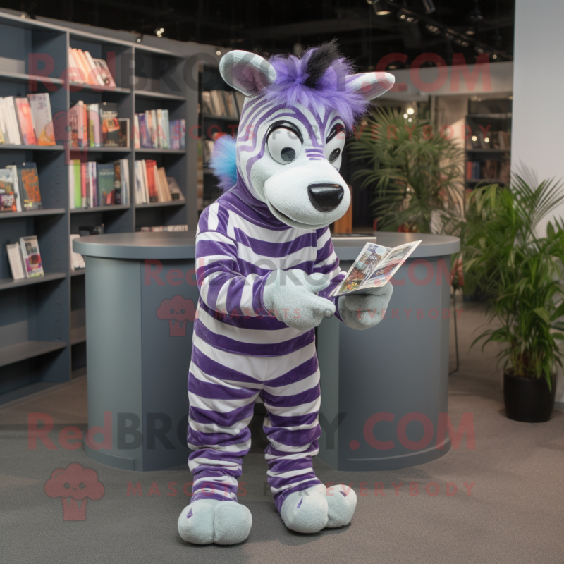 Lavender Zebra mascot costume character dressed with a Dungarees and Reading glasses Lavender Zebra mascot costume character dressed with a Dungarees and Reading glasses