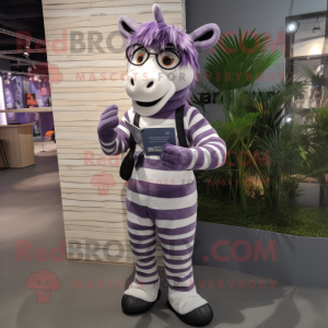 Lavender Zebra mascot costume character dressed with a Dungarees and Reading glasses