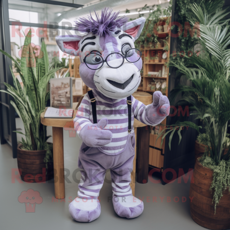 Lavender Zebra mascot costume character dressed with a Dungarees and Reading glasses