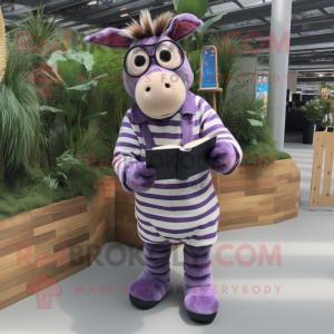 Lavender Zebra mascot costume character dressed with a Dungarees and Reading glasses