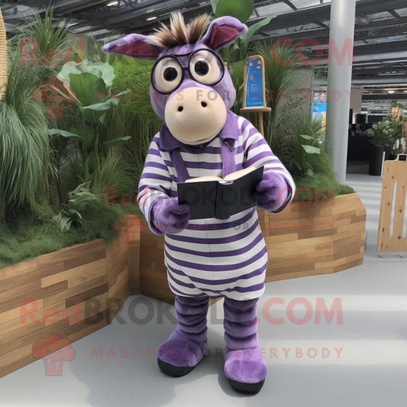 Lavender Zebra mascot costume character dressed with a Dungarees and Reading glasses