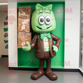 Green Chocolate Bar mascot costume character dressed with a Oxford Shirt and Bow ties