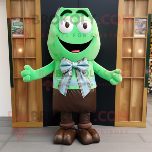 Green Chocolate Bar mascot costume character dressed with a Oxford Shirt and Bow ties
