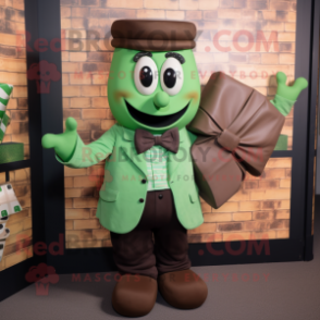 Green Chocolate Bar mascot costume character dressed with a Oxford Shirt and Bow ties