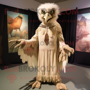 Beige Harpy mascot costume character dressed with a Empire Waist Dress and Cufflinks