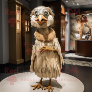 Beige Harpy mascot costume character dressed with a Empire Waist Dress and Cufflinks