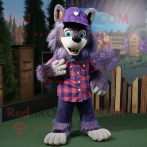 Purple Werewolf mascot costume character dressed with a Flannel Shirt and Beanies