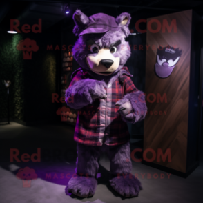 Purple Werewolf mascot costume character dressed with a Flannel Shirt and Beanies