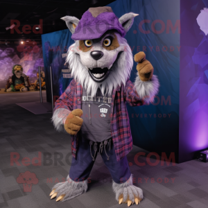 Purple Werewolf mascot costume character dressed with a Flannel Shirt and Beanies