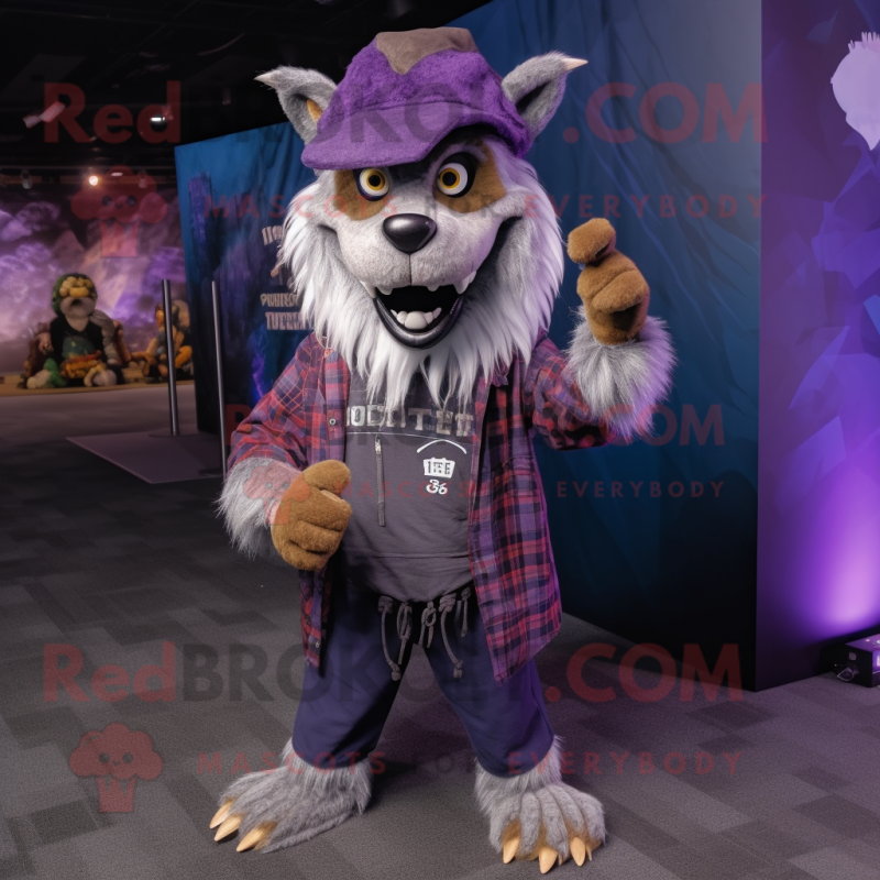 Purple Werewolf mascot costume character dressed with a Flannel Shirt and Beanies Purple Werewolf mascot costume character dressed with a Flannel Shirt and Beanies