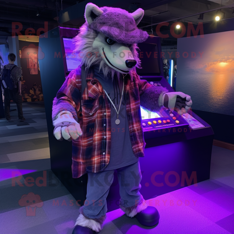 Purple Werewolf mascot costume character dressed with a Flannel Shirt and Beanies
