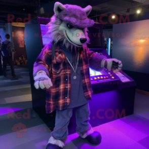 Purple Werewolf mascot costume character dressed with a Flannel Shirt and Beanies