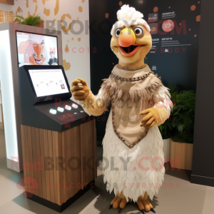 Beige Tandoori Chicken mascot costume character dressed with a Maxi Dress and Digital watches