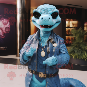 Sky Blue Python mascot costume character dressed with a Leather Jacket and Necklaces