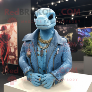 Sky Blue Python mascot costume character dressed with a Leather Jacket and Necklaces