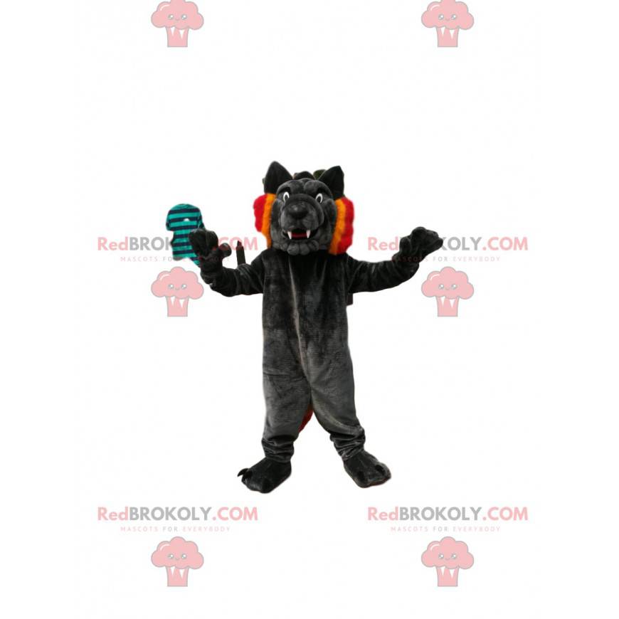 Mascotte zwarte wolf met mooie hoektanden en een mooie glimlach