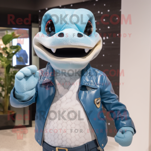 Sky Blue Python mascot costume character dressed with a Leather Jacket and Necklaces