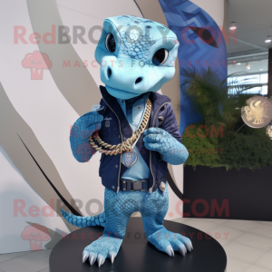 Sky Blue Python mascot costume character dressed with a Leather Jacket and Necklaces