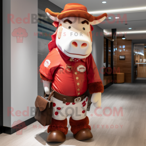 Red Hereford Cow mascot costume character dressed with a Flare Jeans and Coin purses