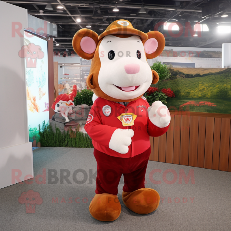 Red Hereford Cow mascot costume character dressed with a Flare Jeans and Coin purses Red Hereford Cow mascot costume character dressed with a Flare Jeans and Coin purses